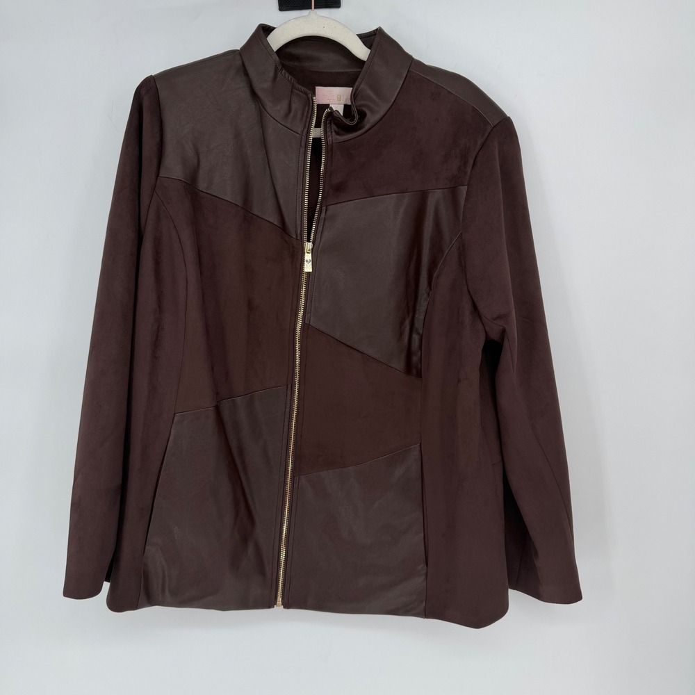 Belle Kim Gravel Womens 1X Brown Patchwork Faux Leather Suede Bomber Jacket QVC‎ - Picture 2 of 8